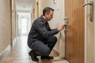 Un serrurier professionnel examine une serrure de sécurité sur une porte d'appartement à Villeurbanne