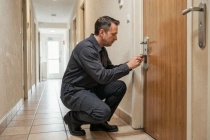 Un serrurier professionnel examine une serrure de sécurité sur une porte d'appartement à Villeurbanne