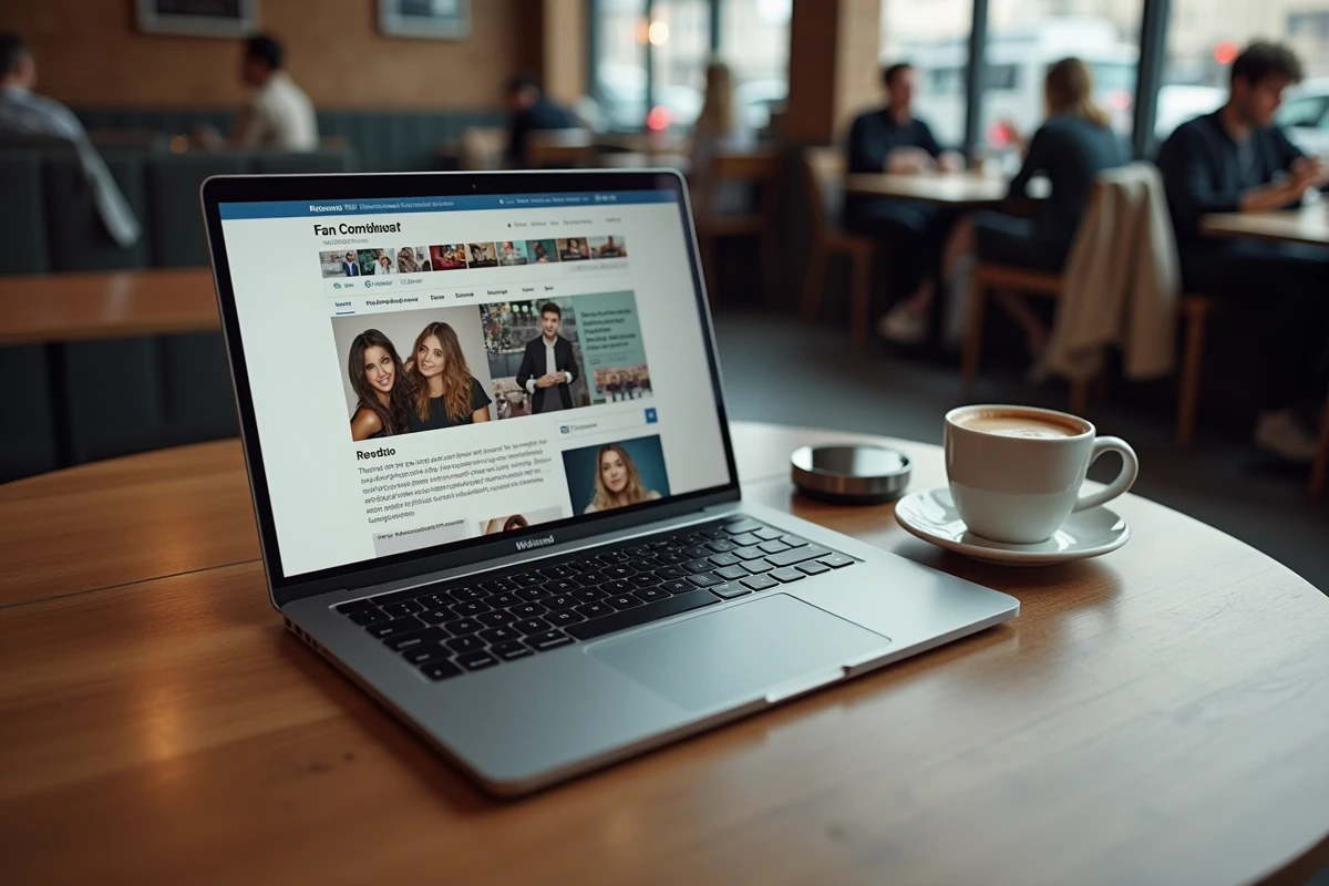 Ordinateur portable ouvert sur un site fan de Jackson Rathbone posé sur une table de café