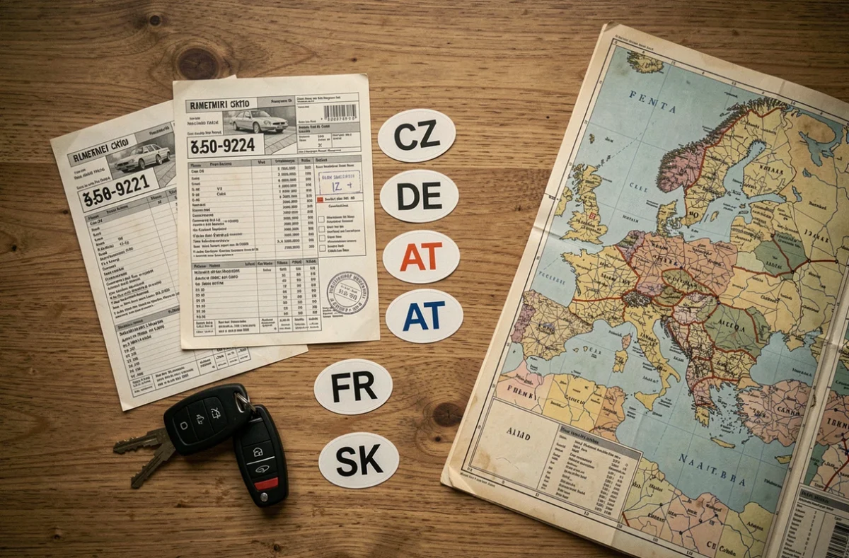Ensemble de stickers pays européens dont le CZ posés sur un bureau avec des documents de voyage et un atlas routier
