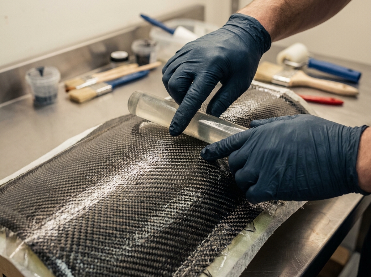 Mains d'un technicien stratifiant une feuille de carbone sur un moule avec précision artisanale