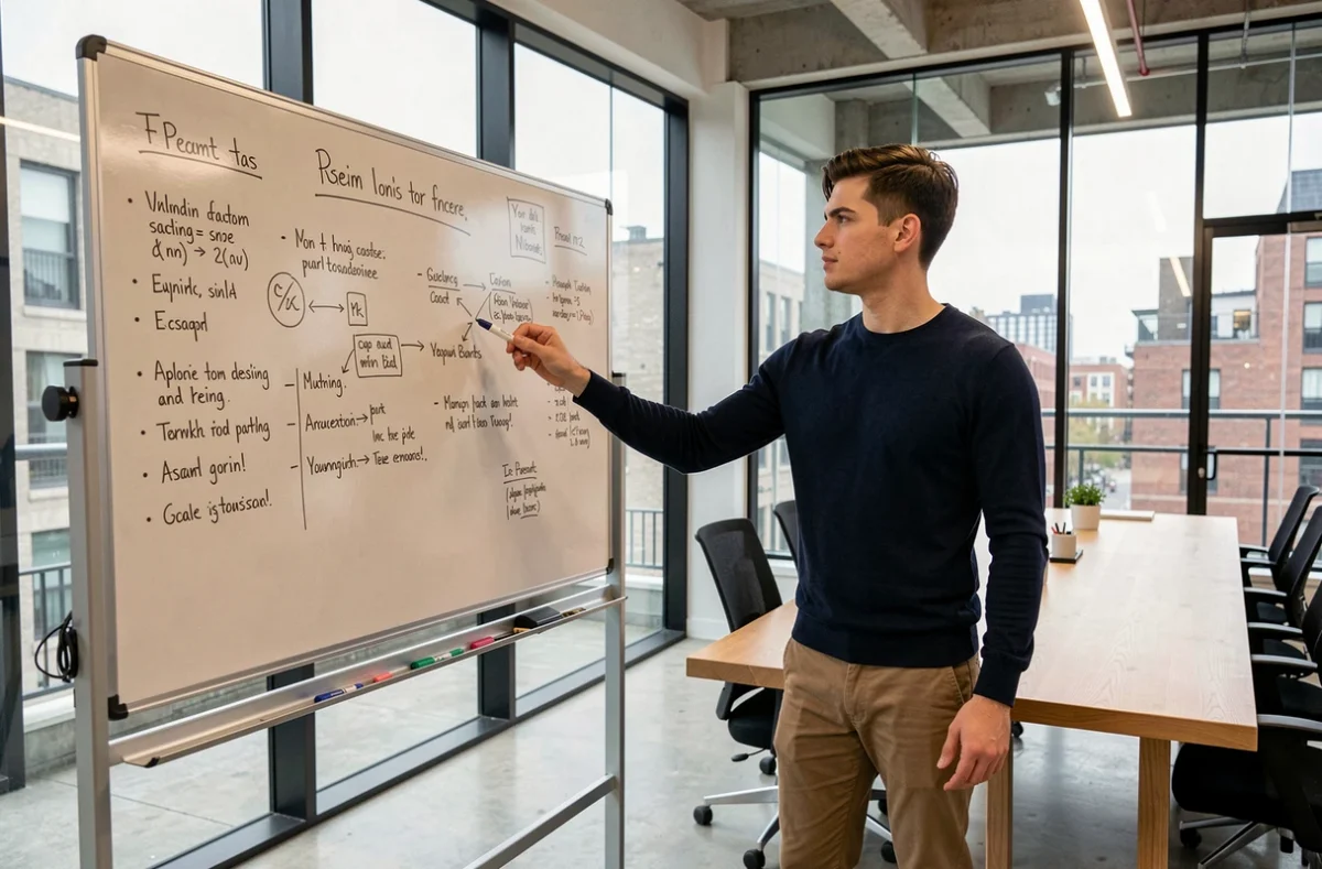 Stagiaire ou alternant présentant ses idées devant un tableau blanc lors d'une réunion professionnelle en startup
