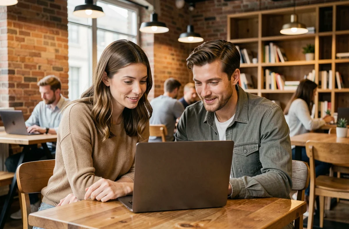 Deux professionnels discutant d'expériences professionnelles et de CV sur un ordinateur portable dans un espace de coworking