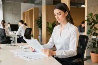 Jeune professionnelle en stage examinant des documents dans un bureau moderne avec un regard confiant