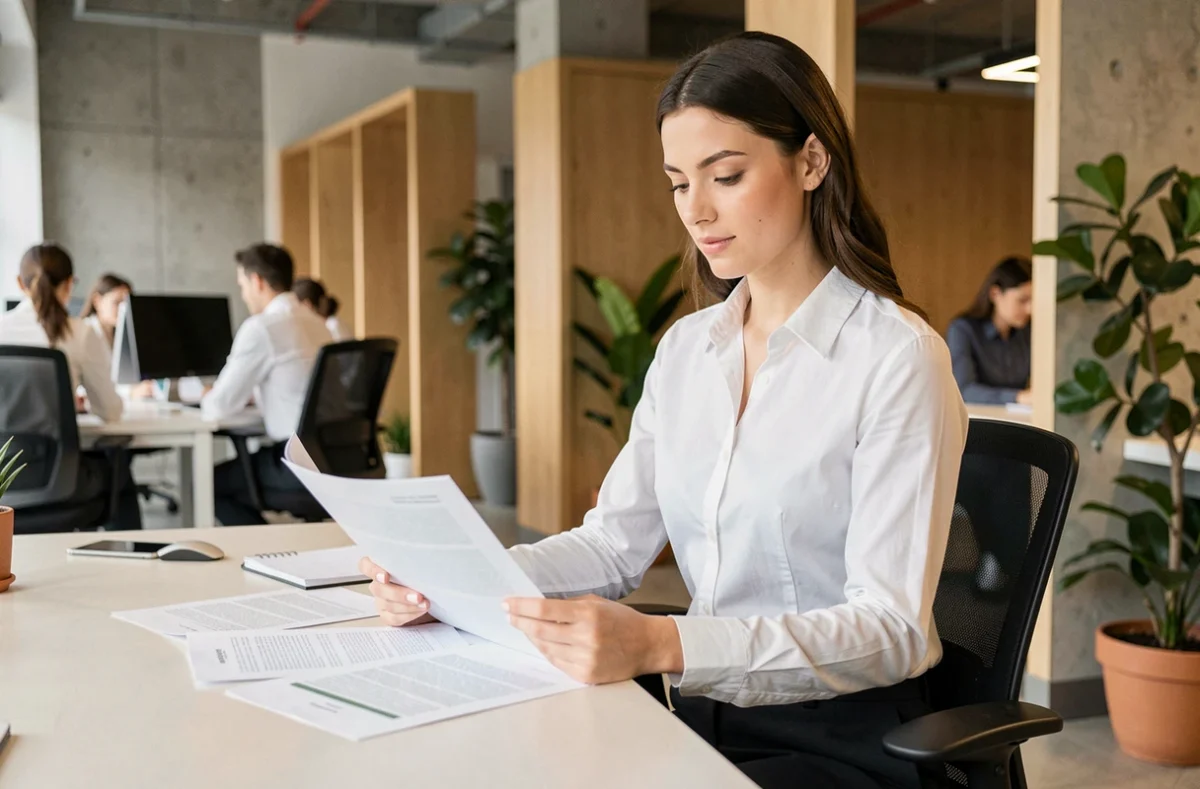 Jeune professionnelle en stage examinant des documents dans un bureau moderne avec un regard confiant