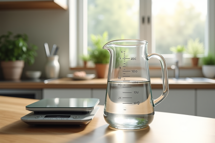 Table de cuisine avec une jauge d'eau et balance numérique