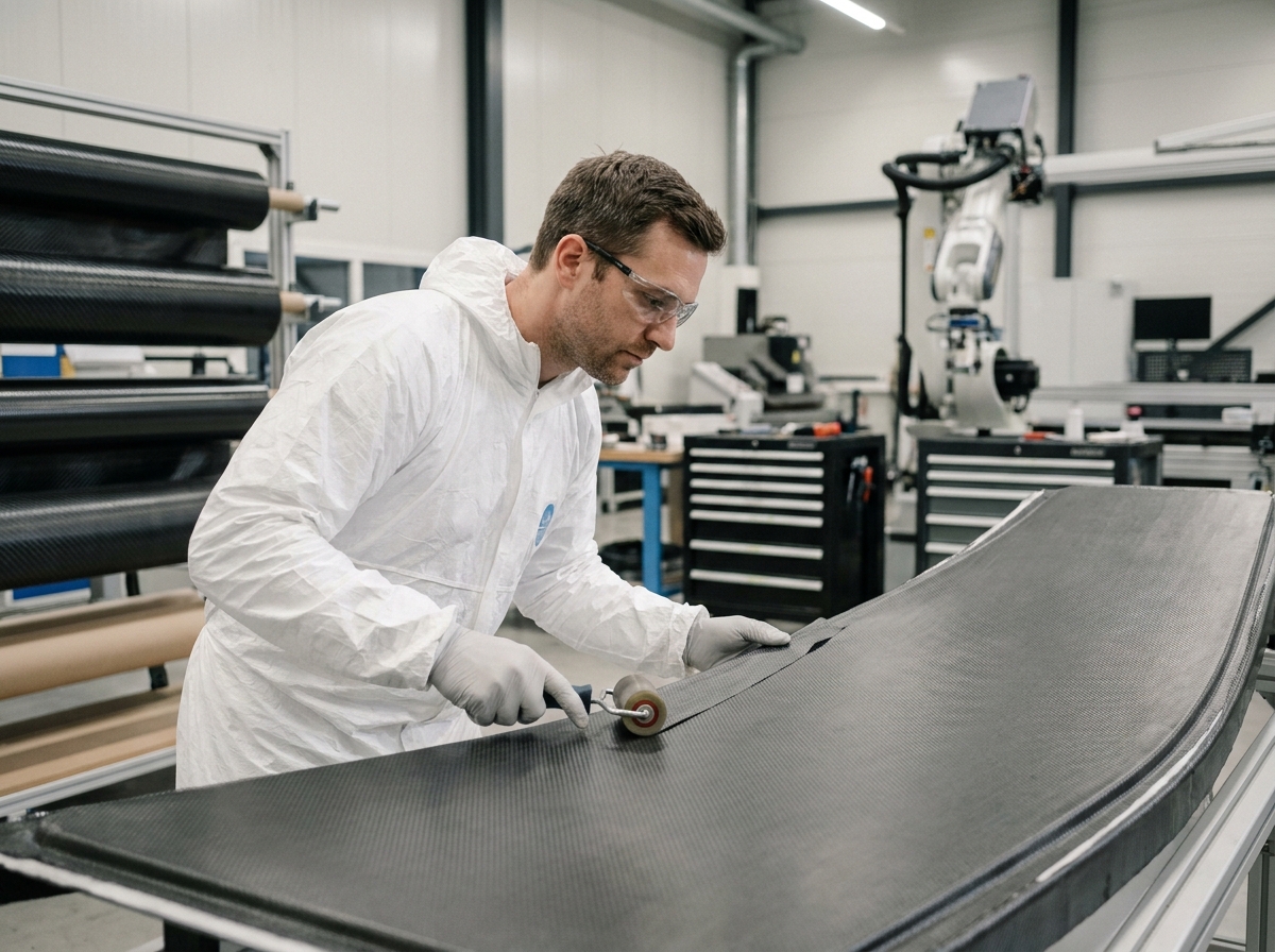 Technicien CMS France appliquant un matériau composite sur un panneau industriel dans un atelier moderne