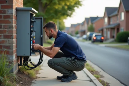 Technicien fibre optique inspectant un boîtier de rue lors du déploiement du réseau Bbox Fibre 6 en zone résidentielle