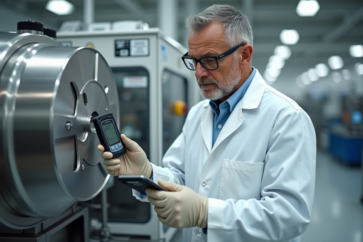 Technicien industriel inspectant un équipement de production selon les normes de conformité ISO