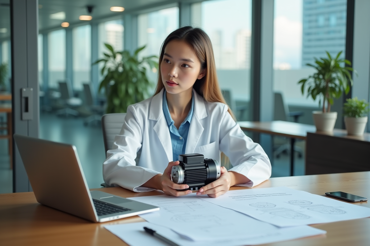 Jeune technicienne tenant un moteur électrique dans un bureau lumineux
