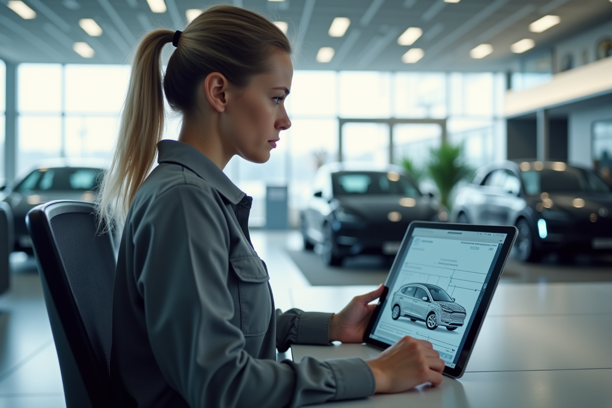 Jeune technicienne avec tablette dans un showroom électrique