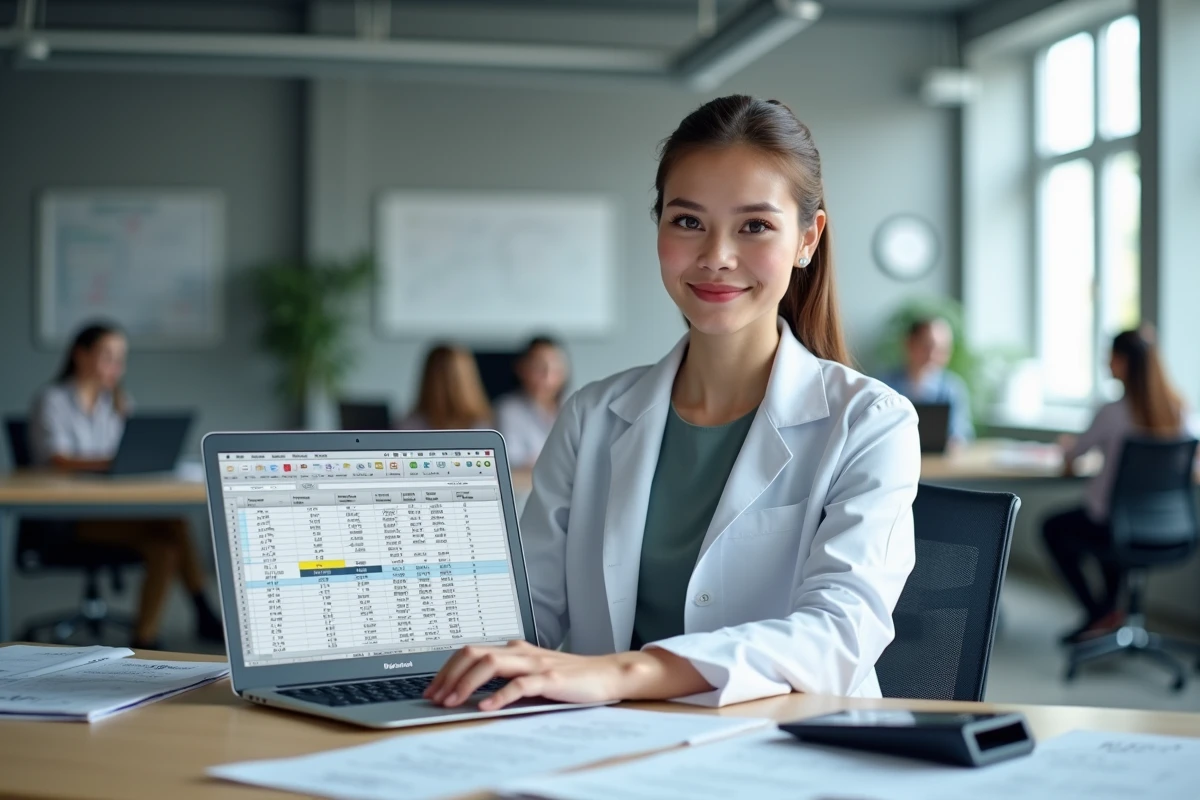 Femme technicienne en bureau utilisant un tableau de conversion kilogrammes en tonnes sur ordinateur portable