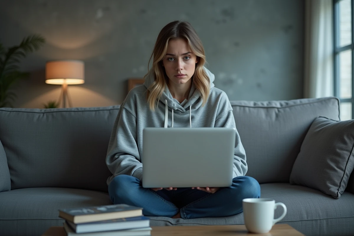 Femme sur un canapé utilisant un ordinateur portable pour télécharger des ebooks, symbolisant les risques juridiques des sites de téléchargement illégal comme Fourtoutici