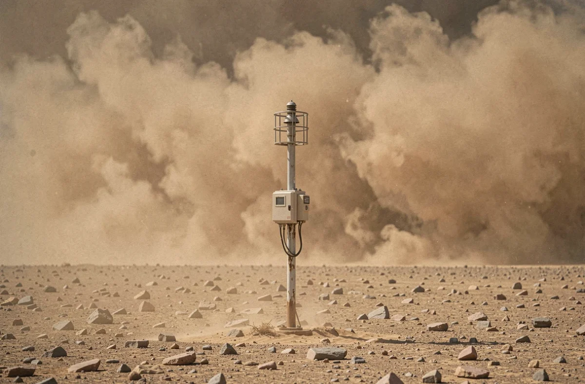 Tempête de sable s'approchant d'une station météorologique isolée dans un désert rocailleux, illustrant les risques naturels des vents violents et des phénomènes éoliens désertiques