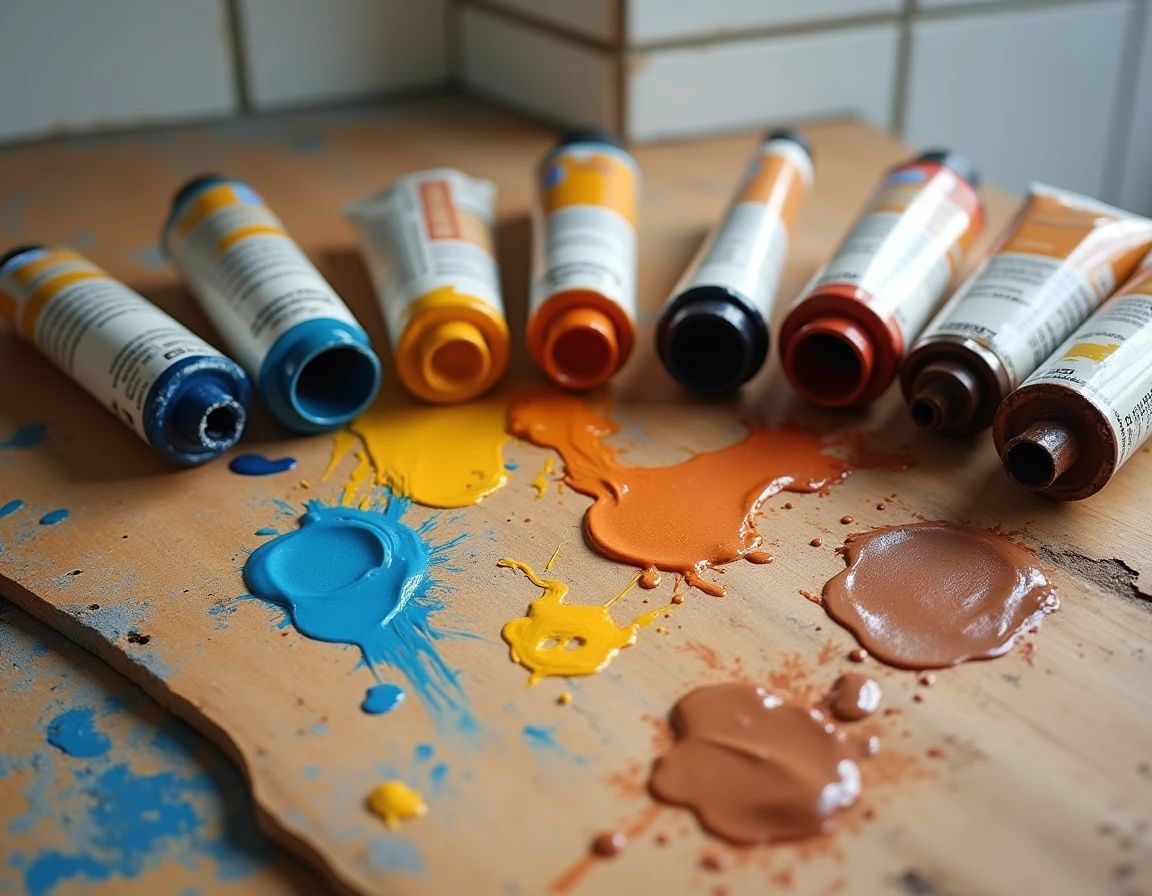 Tubes de peinture et mélanges de couleurs complémentaires pour créer différentes nuances de marron sans utiliser de noir
