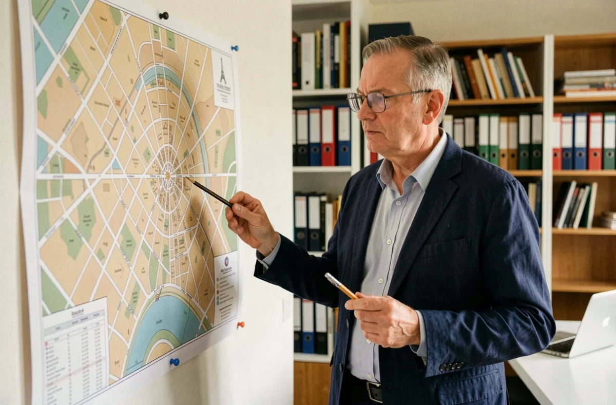 Urbaniste pointant une carte détaillée des arrondissements de Paris affichée sur le mur d'un bureau d'études urbaines
