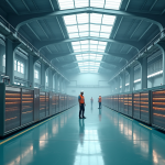 Intérieur d'une usine de batteries lithium-ion modernes avec ouvriers