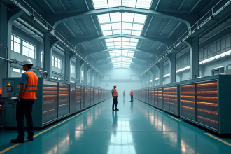 Intérieur d'une usine de batteries lithium-ion modernes avec ouvriers