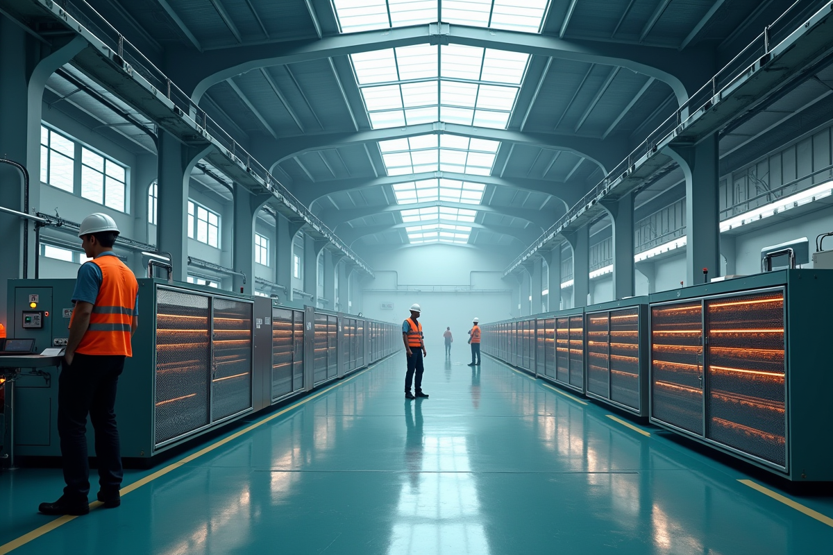 Intérieur d'une usine de batteries lithium-ion modernes avec ouvriers