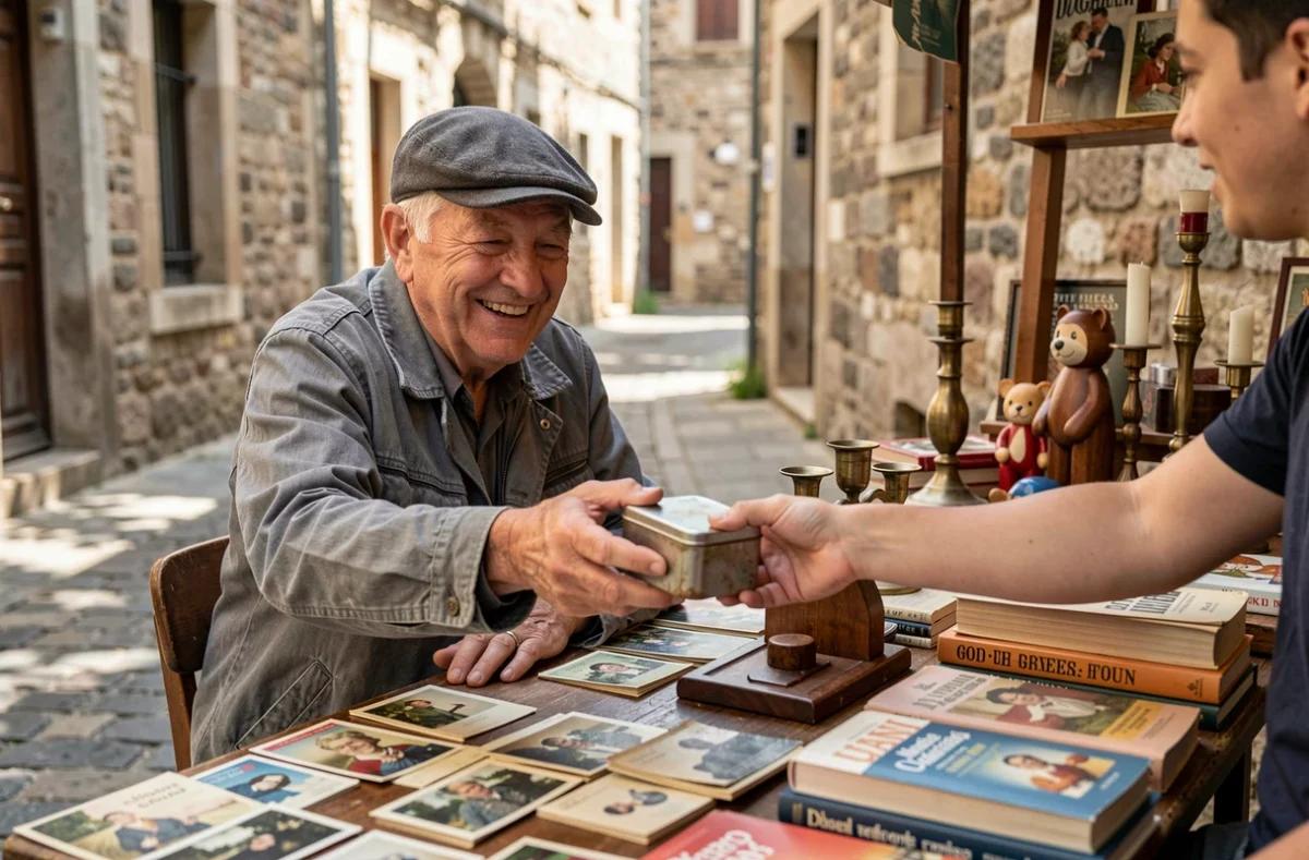Vendeur retraité souriant remettant un objet ancien à un acheteur lors d'un vide-grenier dans l'Ain