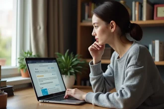 Femme vérifiant la fiabilité d'une offre de voyage sur son ordinateur portable depuis son bureau à domicile