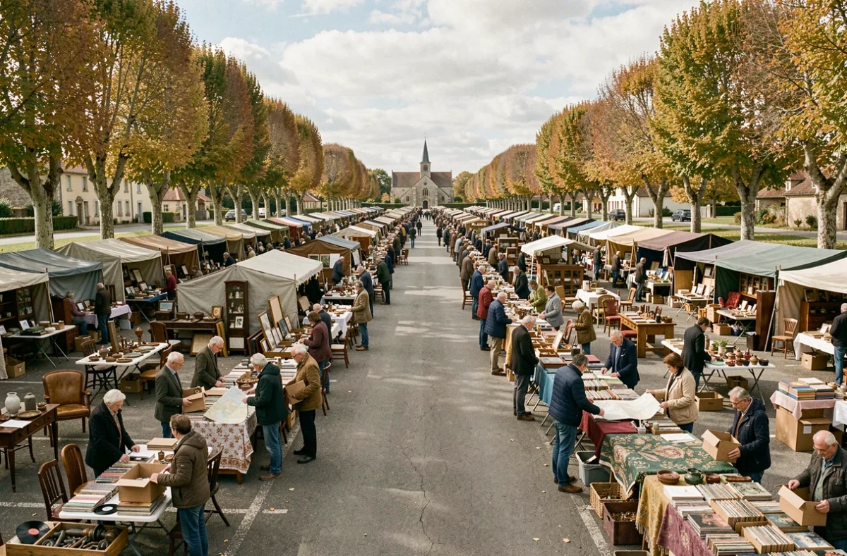 Vue panoramique d'un grand vide-grenier en plein air dans une commune de l'Ain avec de nombreux stands