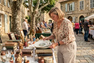 Femme examinant une assiette ancienne sur un stand de vide-grenier dans un village de l'Ain