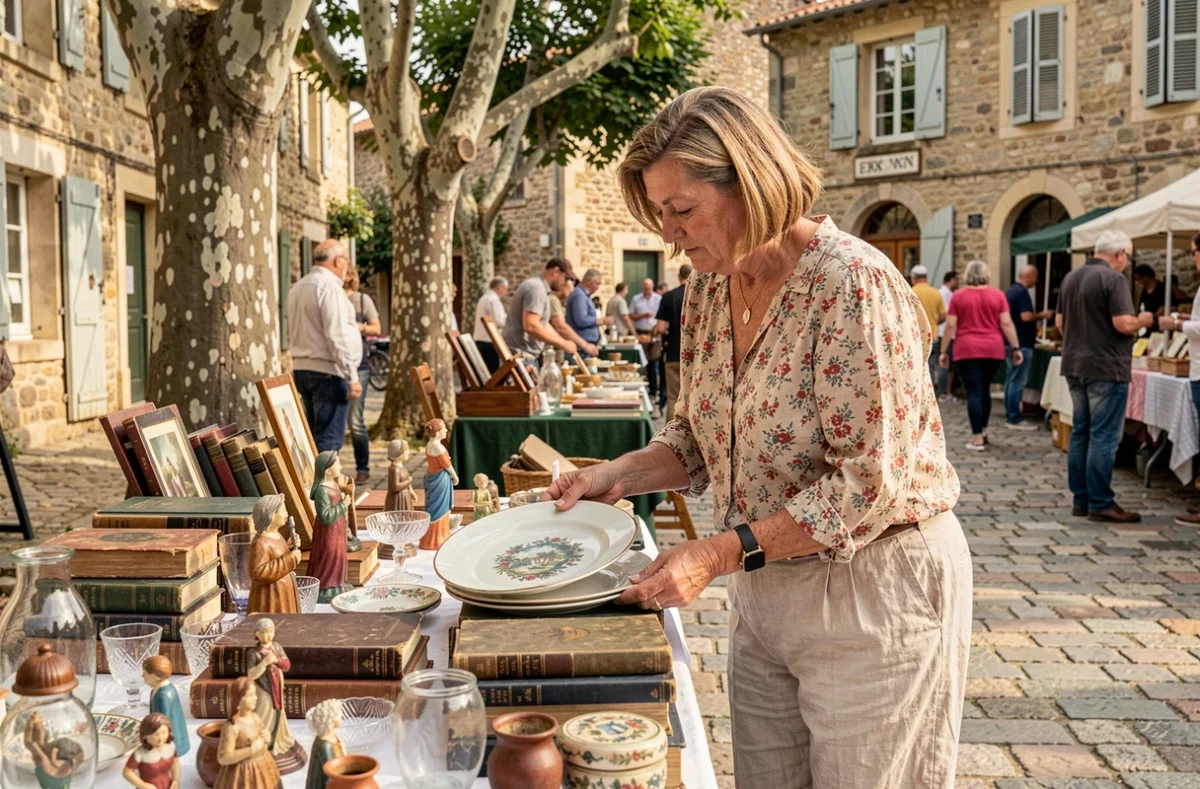 Femme examinant une assiette ancienne sur un stand de vide-grenier dans un village de l'Ain