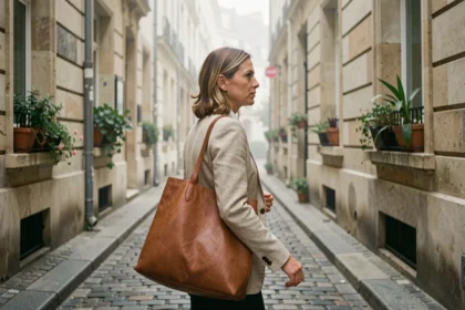Femme célèbre préservant sa vie privée en marchant discrètement dans une ruelle parisienne pavée