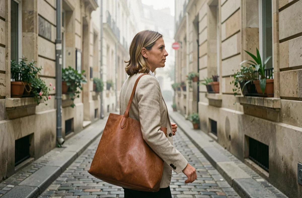 Femme célèbre préservant sa vie privée en marchant discrètement dans une ruelle parisienne pavée