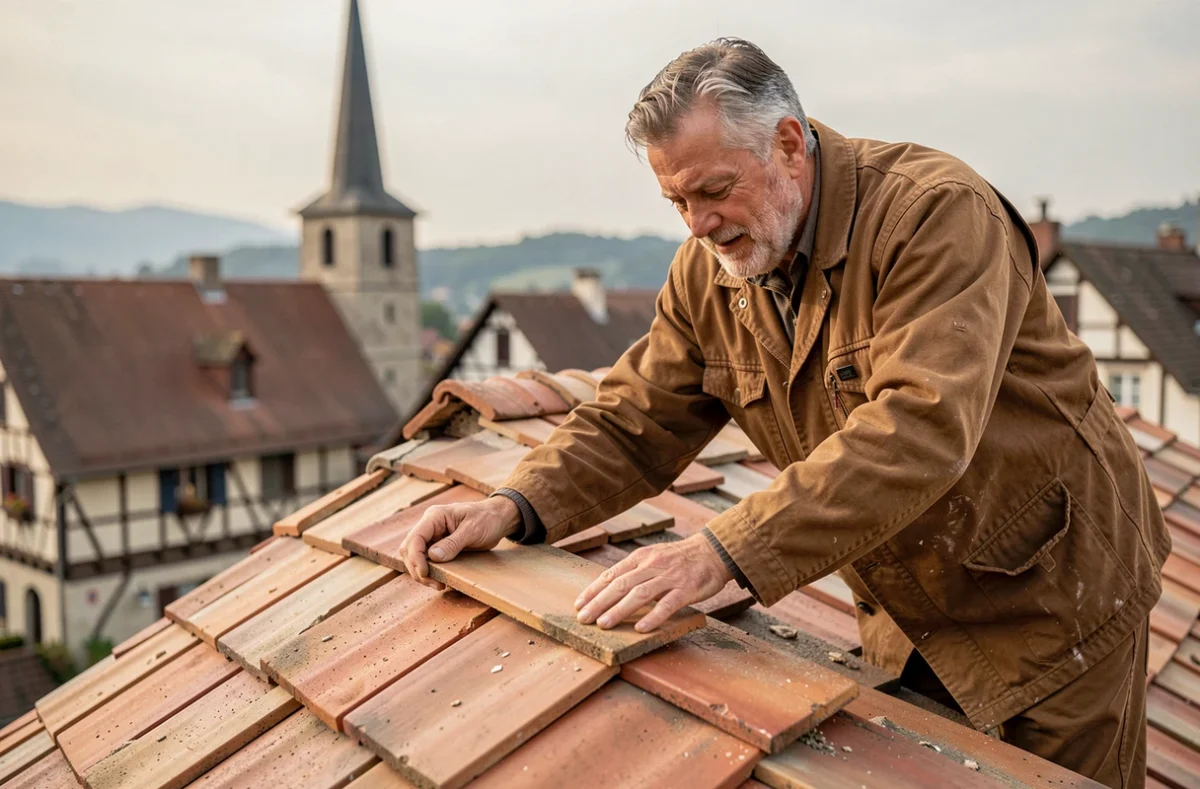Couvreur charpentier expérimenté posant des tuiles à emboîtement alsaciennes sur un toit pentu avec un village du Haut-Rhin en contrebas