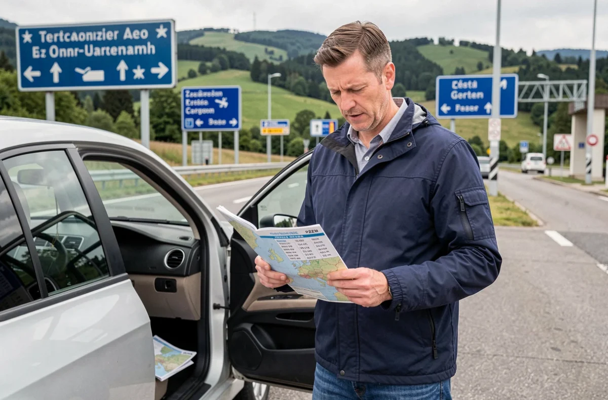 Voyageur consultant un guide des plaques d'immatriculation européennes à un poste frontière tchèque