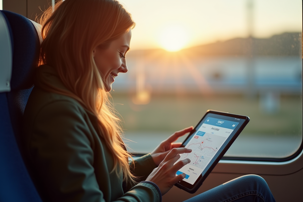 Voyageur souriant utilisant une application SNCF sur tablette dans le train