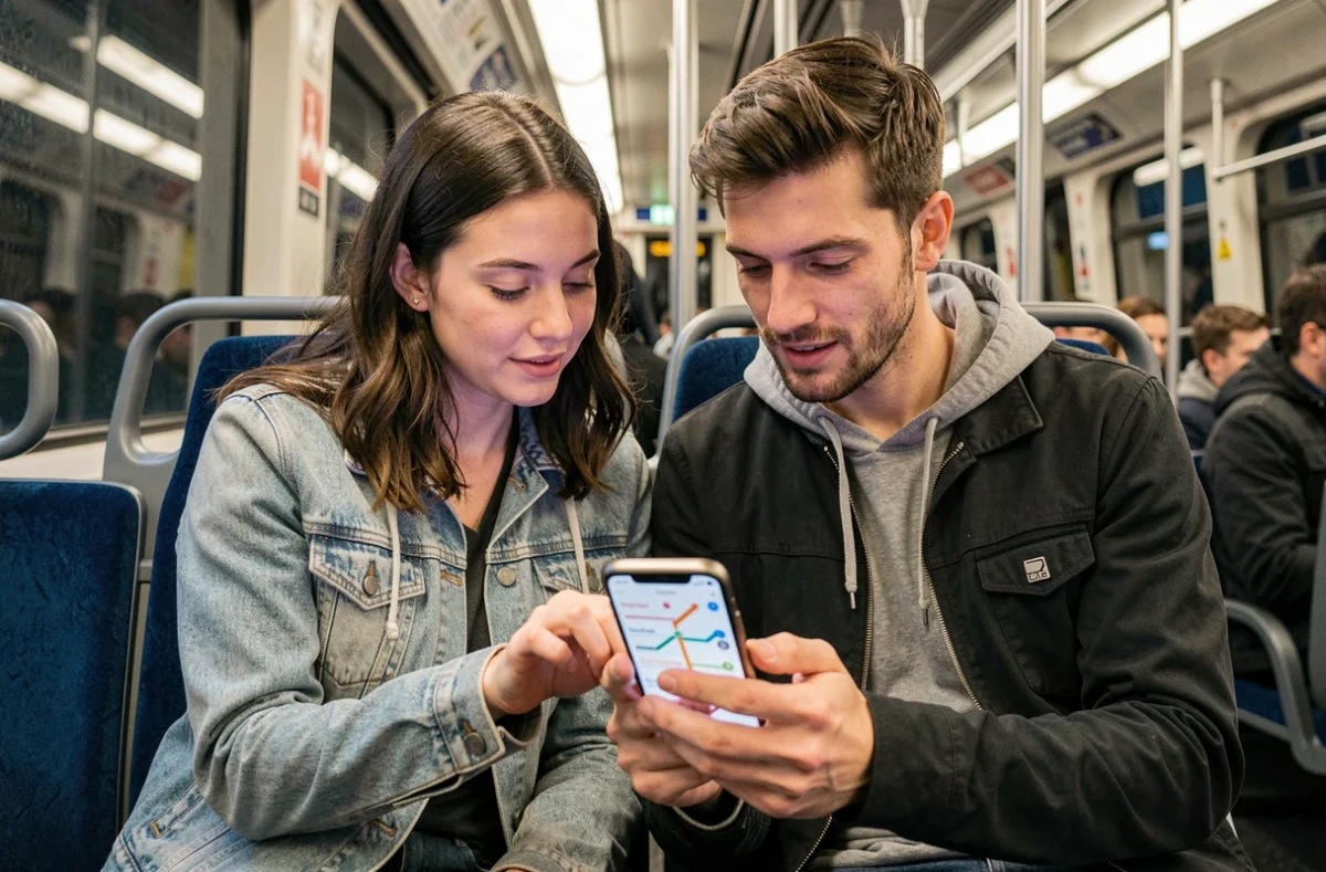 Deux voyageurs consultant une application du plan RER sur smartphone dans un train à Paris