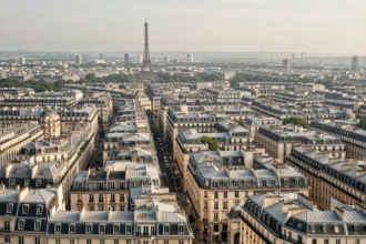 Vue aérienne de la densité urbaine de Paris montrant l'étendue des toits haussmanniens en zinc et la Tour Eiffel au loin