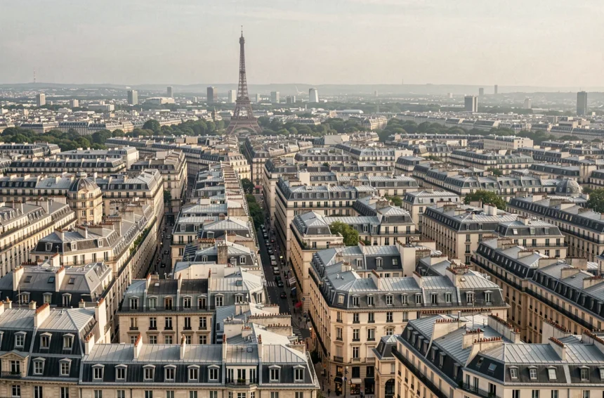 Vue aérienne de la densité urbaine de Paris montrant l'étendue des toits haussmanniens en zinc et la Tour Eiffel au loin