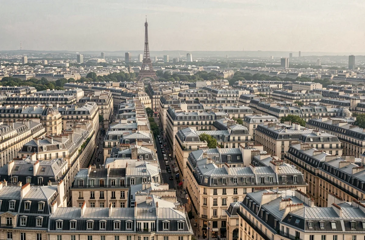 Vue aérienne de la densité urbaine de Paris montrant l'étendue des toits haussmanniens en zinc et la Tour Eiffel au loin