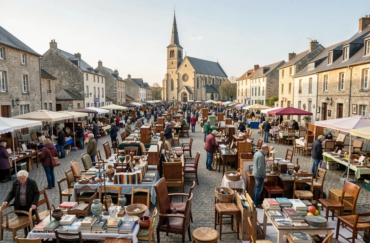 Vue d'ensemble d'un vide grenier animé en Haute-Loire avec des visiteurs chinant entre les stands du week-end